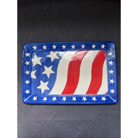 VTG American Flag Patriotic Chips & Dip Platter 4th Of July 16”x 10.5” x 1” Home - Picture 5 of 13